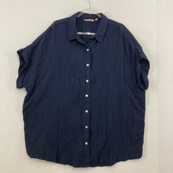 Soft Surroundings size 2X Navy Gauzy Cotton Short Sleeve Relaxed Button Down - Picture 1 of 9